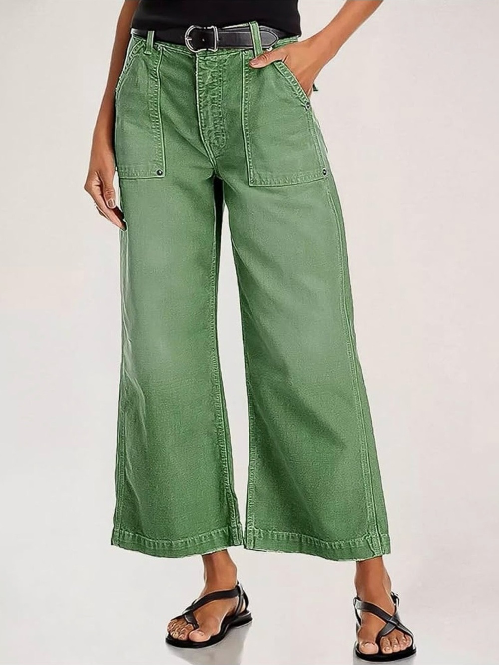 Flamingals Flap Pocket Back Mid Waist Wide Leg Cropped Pants Green